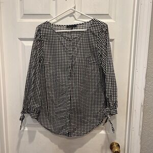 Sanctuary Black‎ White Gingham 3/4 Tie Sleeve Hidden Button Front Womens Large